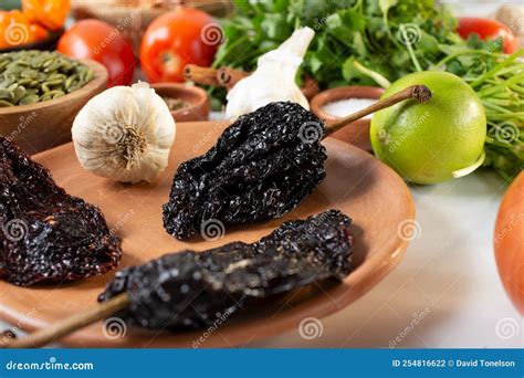 Dried Chile Pasilla Ancho, Poblano, Chili Pepper Stock Photo - Image of ...