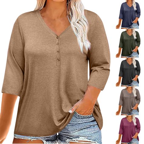CFLVAEK Womens Plus Size Tshirts Comfy Button Up Tshirt Loose Fitting 3 ...