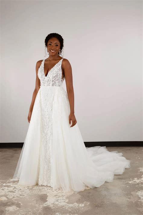 Dramatic Lace Column Bridal Gown with Removable Overskirt