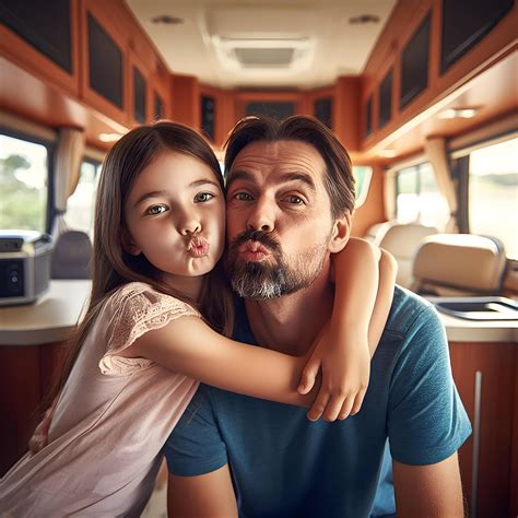 AI generated Dad and daughter gummy faced inside the motor home ...