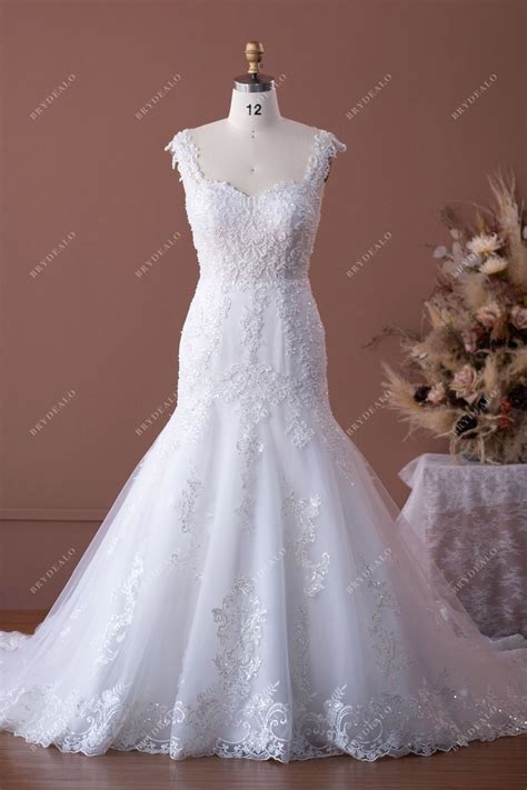 Designer Beaded Lace Country Trumpet Long Train Wedding Dress – DesignFormal