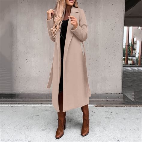 Women's Long Trench Coat Windproof Classic Lapel Overcoat Trench Solid ...