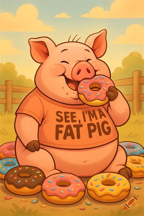A happy cartoon pig in an orange shirt that says 'SEE, I'M A FAT PIG ...