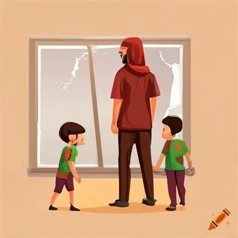 Arabic dad with his 2 sons looking at broken window on Craiyon