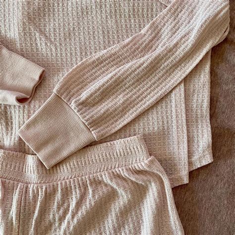 Waffle knit pajama set in pale pink by Honeydew... - Depop