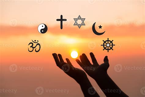 Religious symbols. Christianity cross, Islam crescent, Buddhism dharma ...