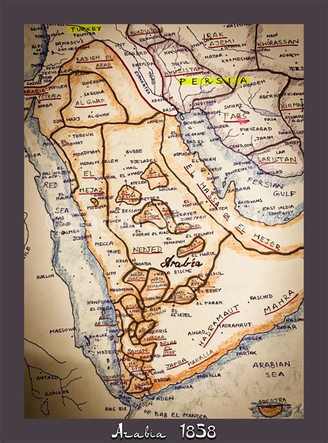 A recreated version of the Arabian peninsula dated 1858, originally sketched by the American ... - map of arabia in 1800