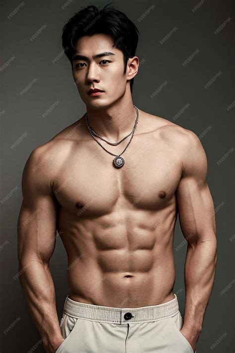 Beauty portrait of shirtless handsome Asian male model smiling on ...