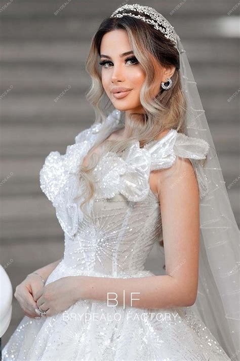 Designer Flowery Off Shoulder Glitter Baroque Ball Gown Wedding Dress