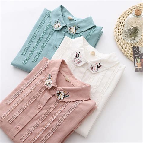 2021 New Fine Women's Tops Flowers Embroidery Shirts Woman Long Sleeve ...