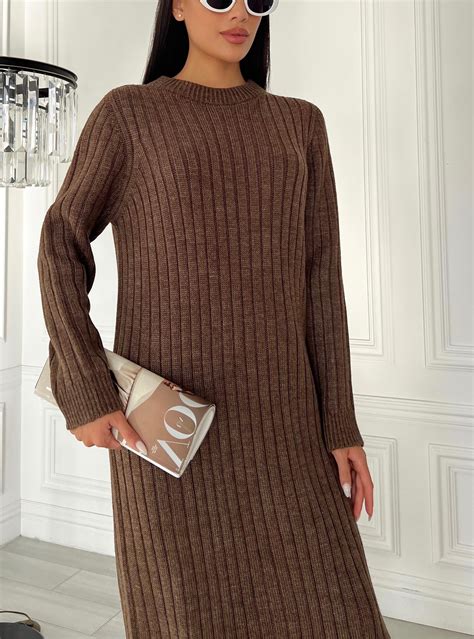 Brown Knit Midi Dress for Fall, Winter Womens, Minimalist Knit ...