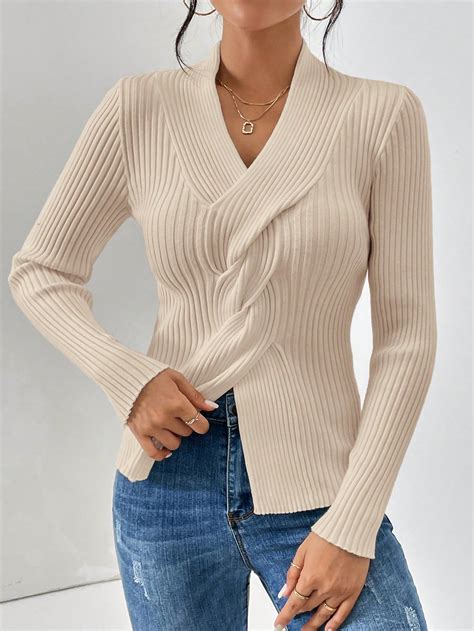 Women's Casual V-Neck Cable Ribbed Knit Fitted Sweater | Clothes for ...