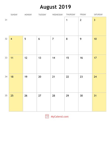August 2019 calendar with holidays - monthly printable calendar