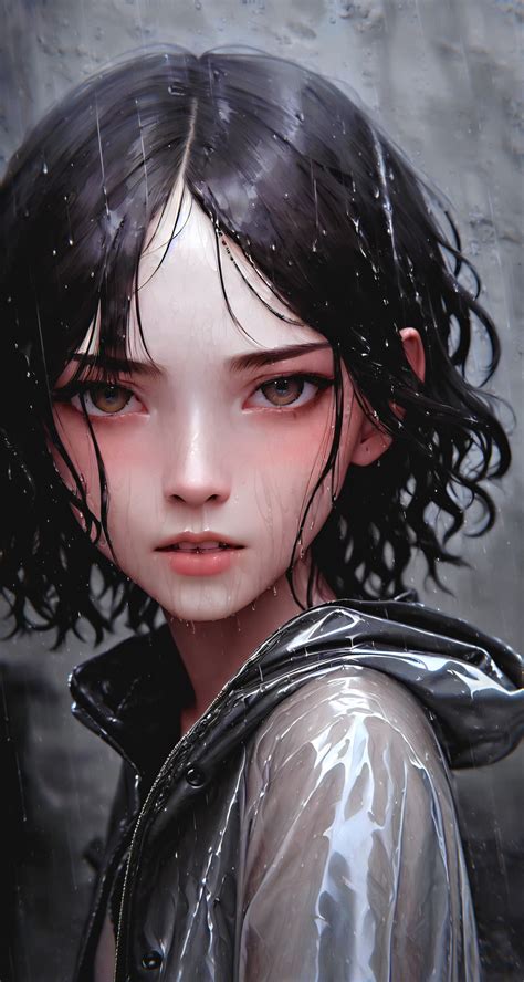 デスクトップ壁紙 : ai art, AI generated, 女性, 垂直, ビューアを見て, ショートヘア, 湿った, 雨, レイン ...