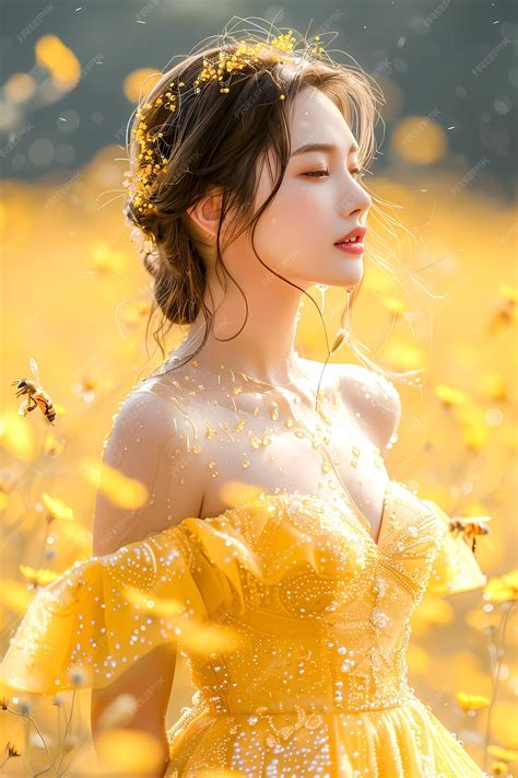 Premium Photo | Anime Girl in Yellow Dress in Flower Field of bees