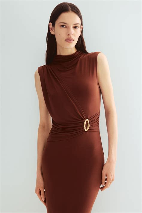 Draped Mock Turtleneck Dress - Brown - Ladies | H&M US