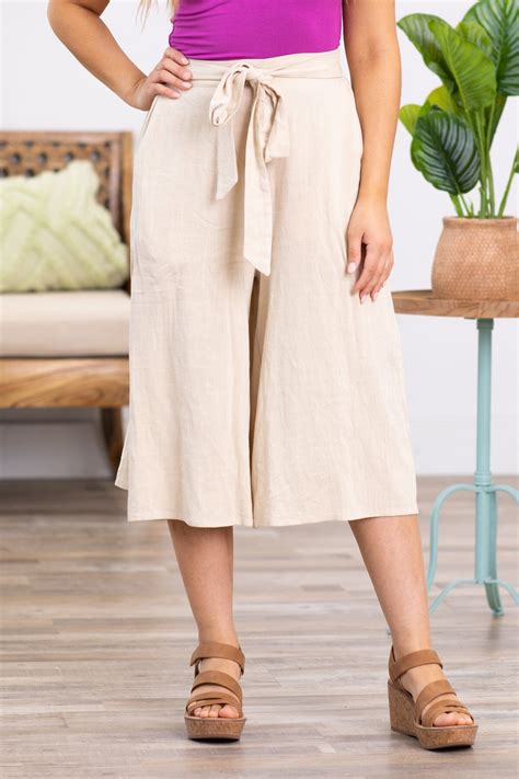 Beige Self Tie Waist Wide Leg Capris · Filly Flair
