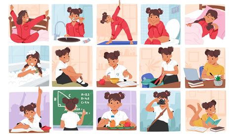 Premium Vector | Little Girl Daily Routine Character Wake Up Brushes ...