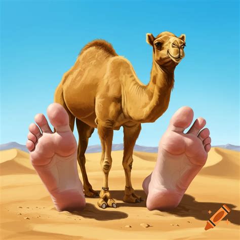 A camel in the desert with huge human feet in the foreground. on Craiyon