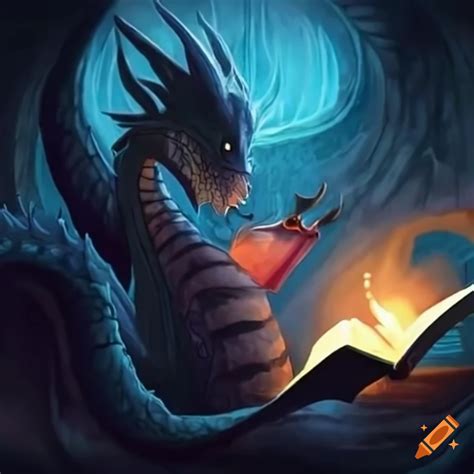Blue cute dragon reading a book in a library on Craiyon