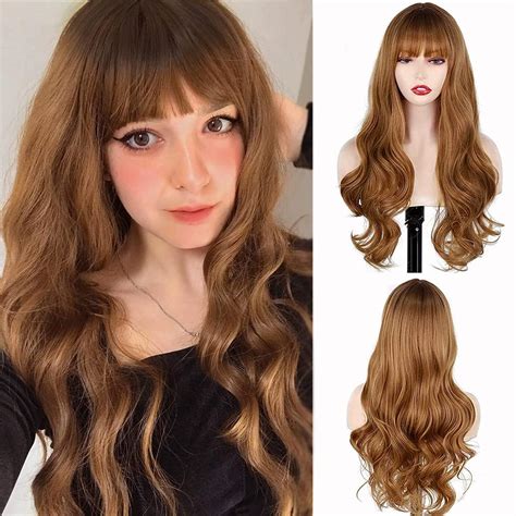 Satın alın MISS WIG Long Brown Wig with Bangs, Light Brown Wavy Wigs ...