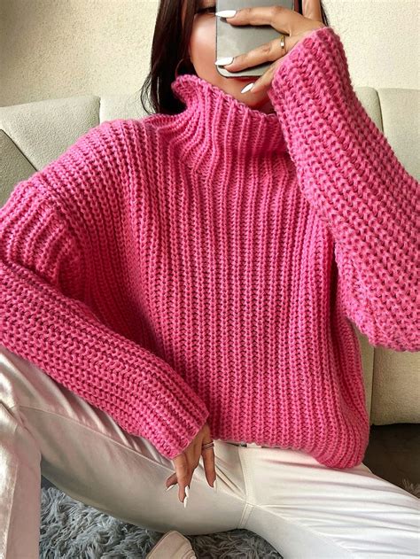 Ribbed Knit Drop Shoulder Sweater | Bright pink sweater, Knit outfit ...