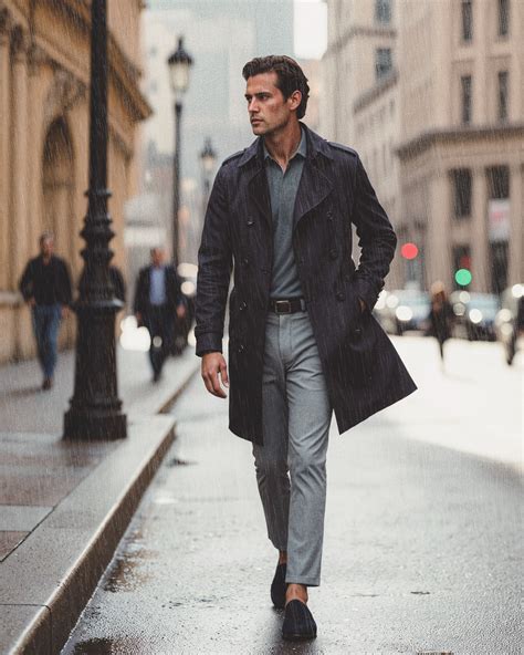 Navy Trench Coat with Slate Blue Polo and Light Grey Trousers | Hockerty