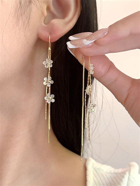 1 Paar Goldfarbene Damen-ohrringe Aus Kupfer Mit Blumen Und Zirkonia ...