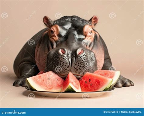 A Cute Hippo Enjoying Slices of Watermelon in a Playful Setting ...