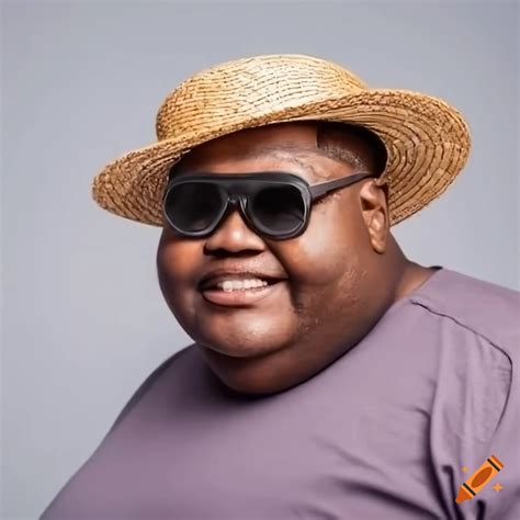 Fat black man wearing sunglass, straw hat; smiling; isolated on light ...