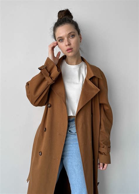 Camel Trench Coat for Women, Brown Cotton Trench Coat With Belt, Womens ...