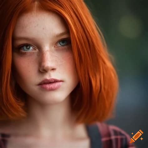 Portrait of a woman with short red hair and freckles on Craiyon