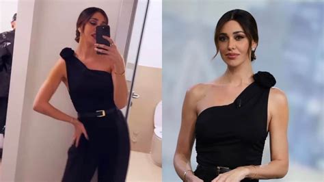 Belén Rodriguez a Le Iene in pantaloni: il nuovo look total black lascia la spalla nuda