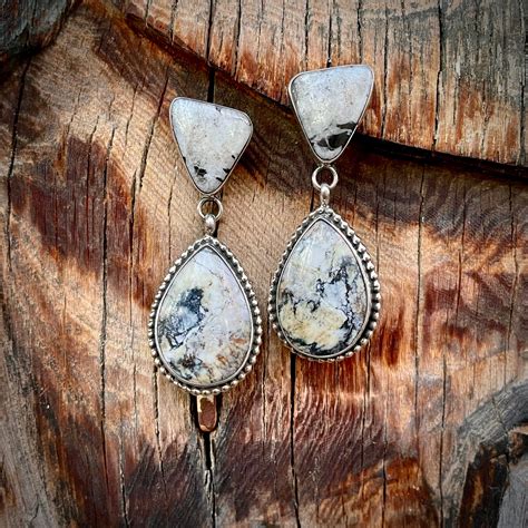 Traditional White Buffalo Dangle Earrings by Navajo Mary Jane Garcia, Native American Jewelry