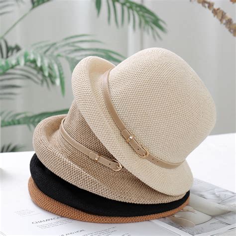 dianhelloya Women Beach Hat Solid Color Breathable Sun Belt Decor ...