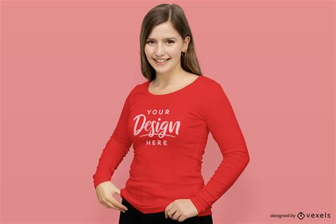 Red Long Sleeve T-shirt Girl Mockup PSD Editable Template