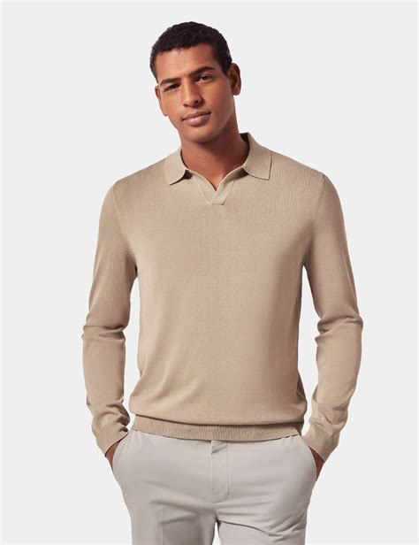Men's Taupe Open Collar Knitted Cotton Polo Shirt - Long Sleeve | Hawes ...