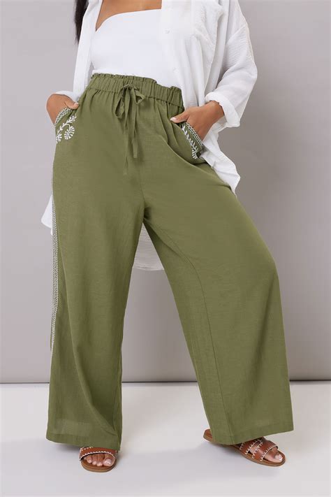YOURS Plus Size Khaki Green Embroidery Wide Leg Trousers | Yours Clothing