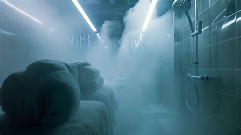 A steamy shower room where a clients hair is being washed with hot ...