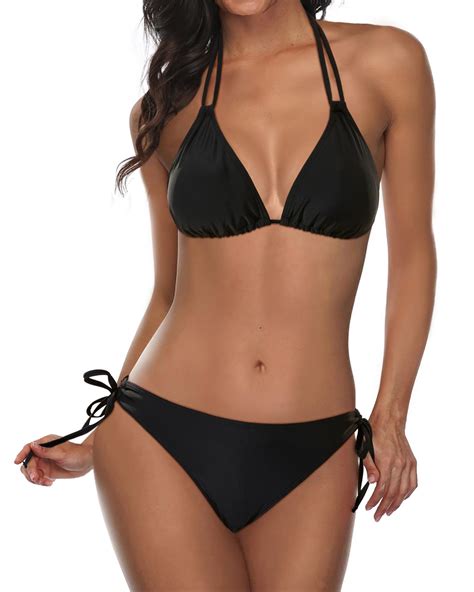 Tempt Me Women Black Two Piece Triangle Bikini Halter Swimsuit Top ...