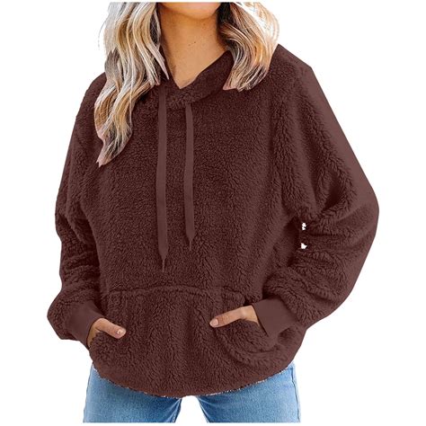 Women Shaggy Fuzzy Hoodie with Pocket Drawstring Plush Sherpa Hooded ...