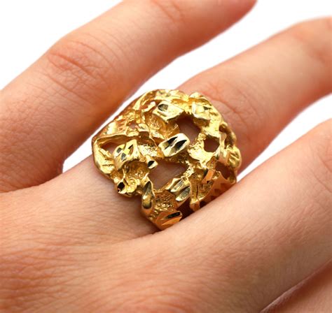 Solid Gold Nugget 14K Yellow Gold Diamond Cut Detailed Statement Men’s Ring