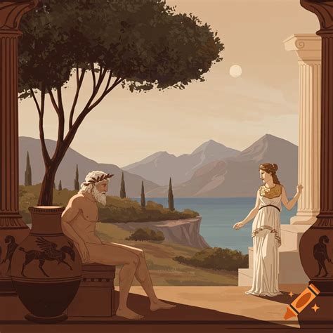 Figures in classical robes in an ancient Greek landscape with temples ...