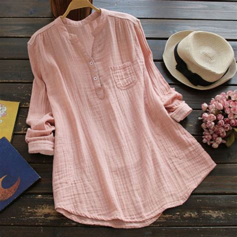 Alkepwun Womens Plus Size Cotton Linen Shirts Long Sleeve Gauze Shirt ...