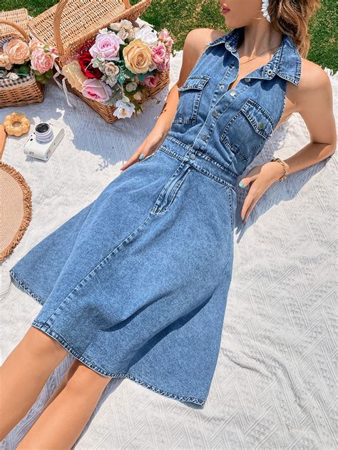Flap Pocket Backless Halter Denim Dress | Denim fashion women, 50 style ...