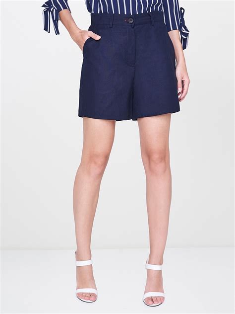 Buy AND Women Navy Blue Solid Slim Fit Regular Shorts - Shorts for ...