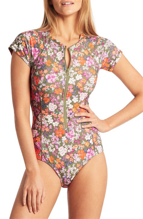 Sea Level Floral Short Sleeve Zip One-piece Swimsuit in Green | Lyst
