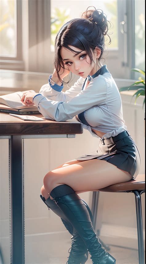 Studio background, Student, medium sized boobs, blue pleated mini skirt ...