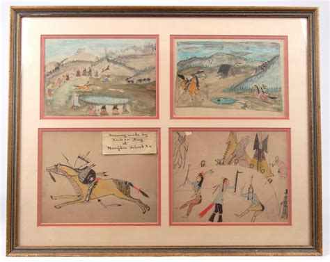 Series of (4) framed Native American ledger drawings “Drawing made by ...