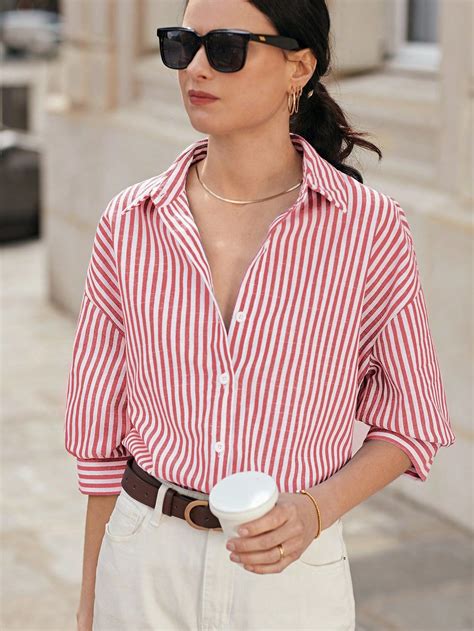 SHEIN Brasil | Striped shirt women, Pink striped shirt outfit, Red ...